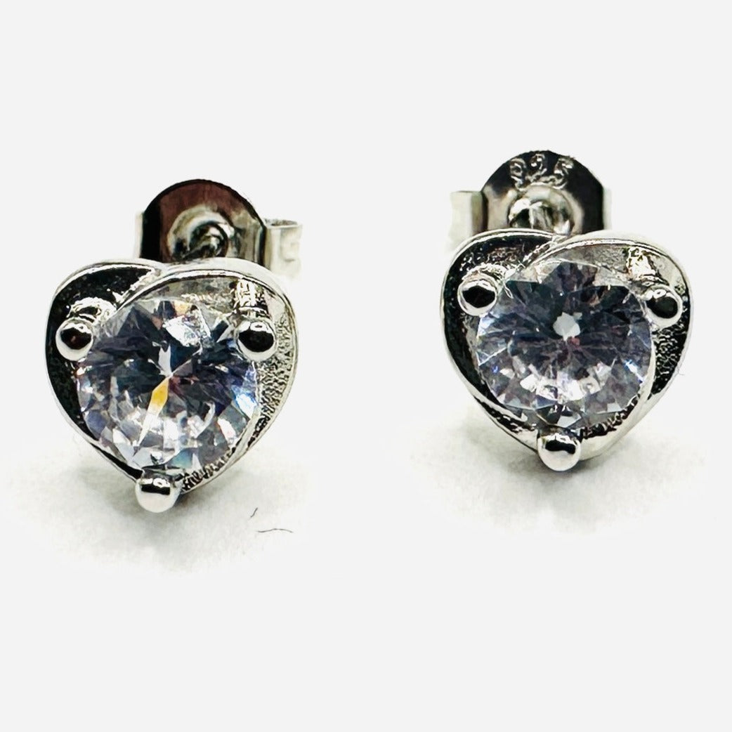silver sunken crystal heart stud earrings