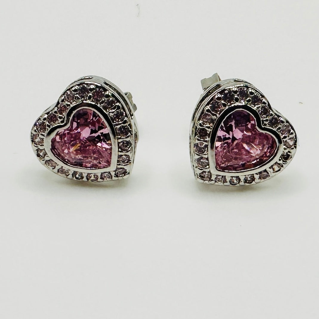 Pink Heart Sparkle Halo Stud Earrings