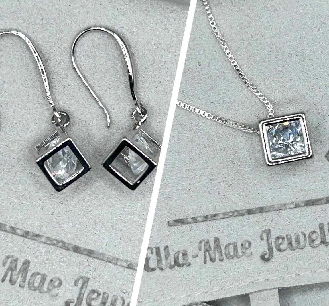 Cubic Zirconia Silver Cube Necklace and Dangling Earrings