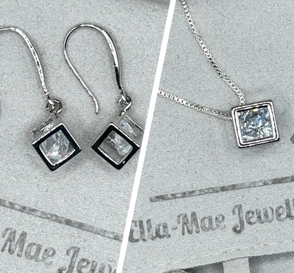 Cubic Zirconia Silver Cube Necklace and Dangling Earrings
