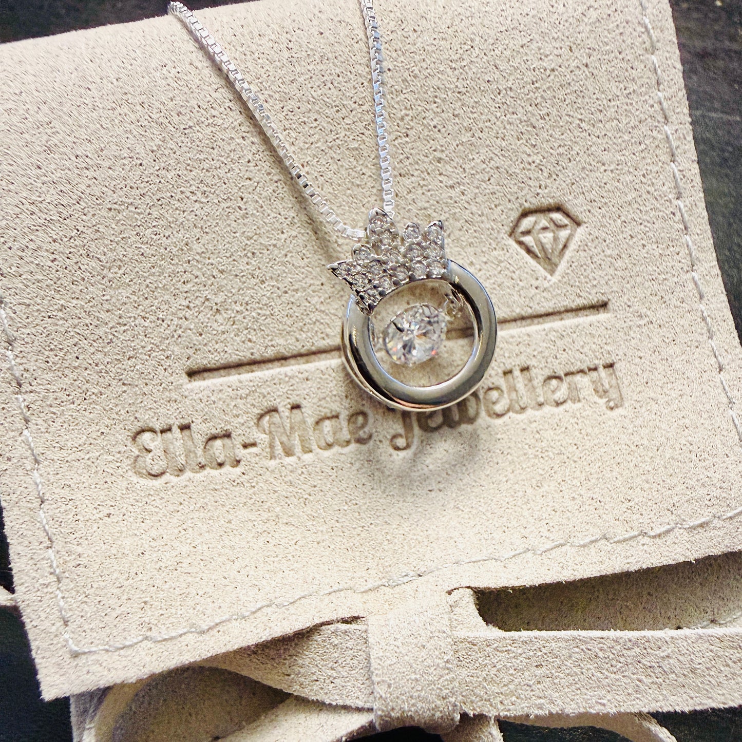 Dancing crystal crown pendant on silver box chain with luxury gift pouch