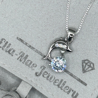 dolphin crystal pendant on silver box chain necklace