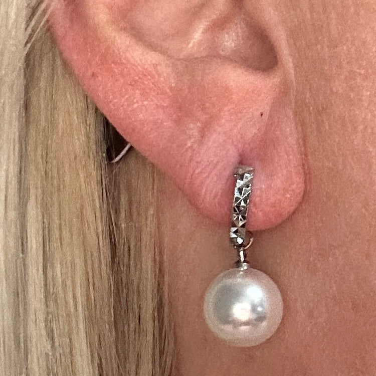 diamond cut hoop drop pearl earring