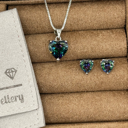 Rainbow Crystal Heart Pendant and Stud Earrings