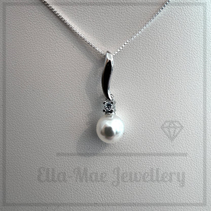 Grace Pearl Pendant necklace on silver box chain with EMJ logo