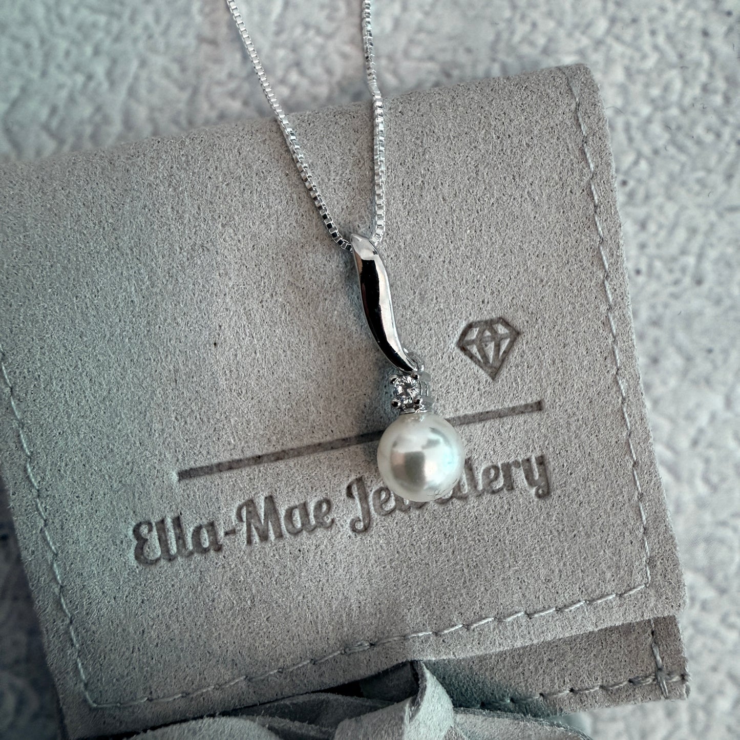 Grace Pearl Pendant necklace on silver box chain with EMJ luxury pouch