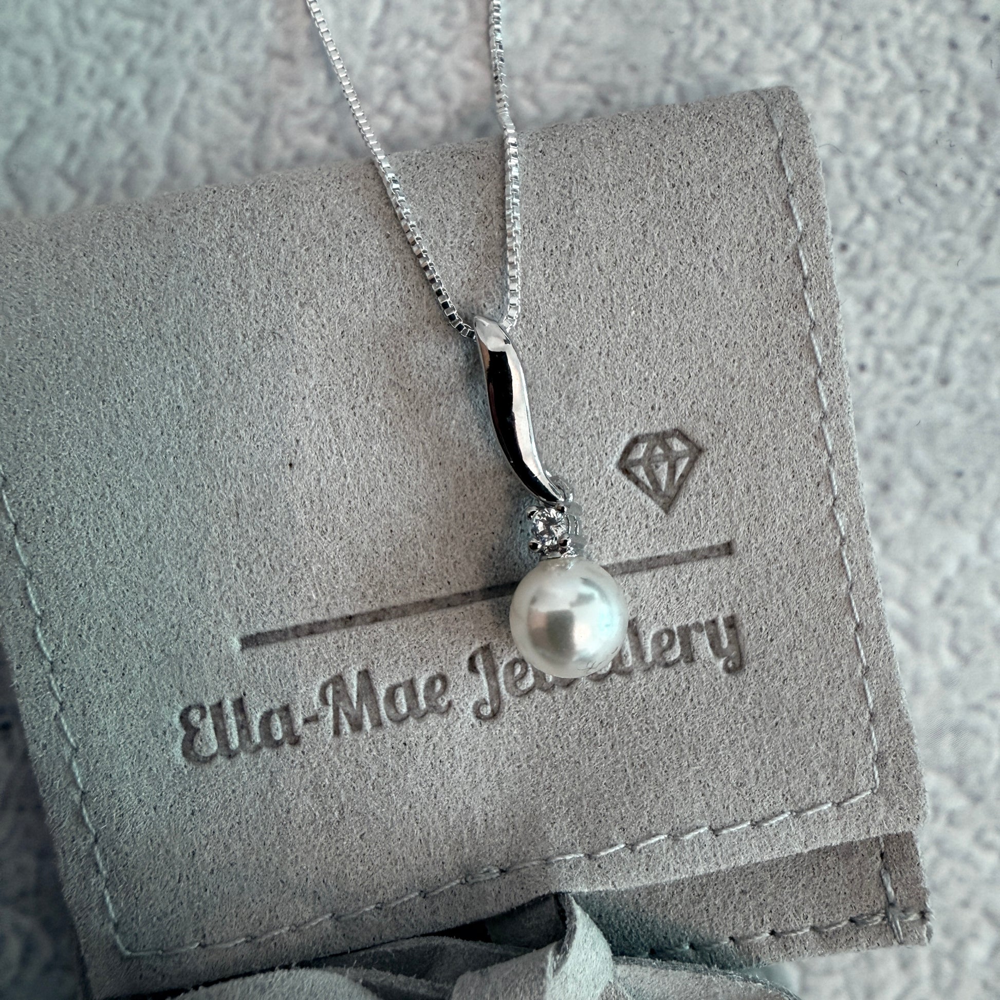 Grace Pearl Pendant necklace on silver box chain with EMJ luxury pouch