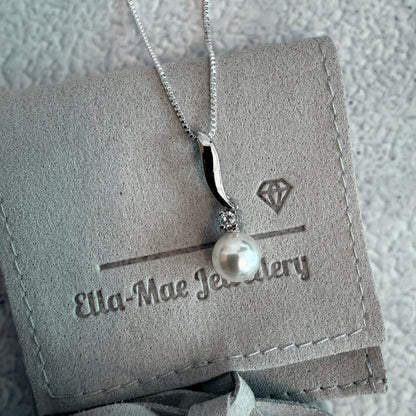 Grace Pearl Pendant necklace on silver box chain with EMJ luxury pouch