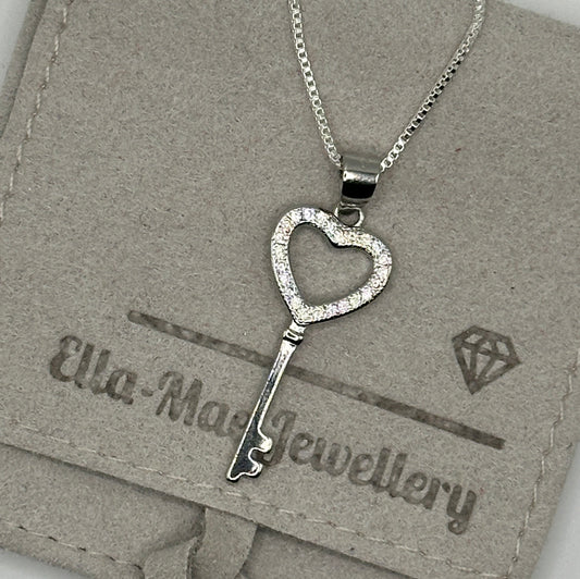 silver key heart cubic zirconia necklace