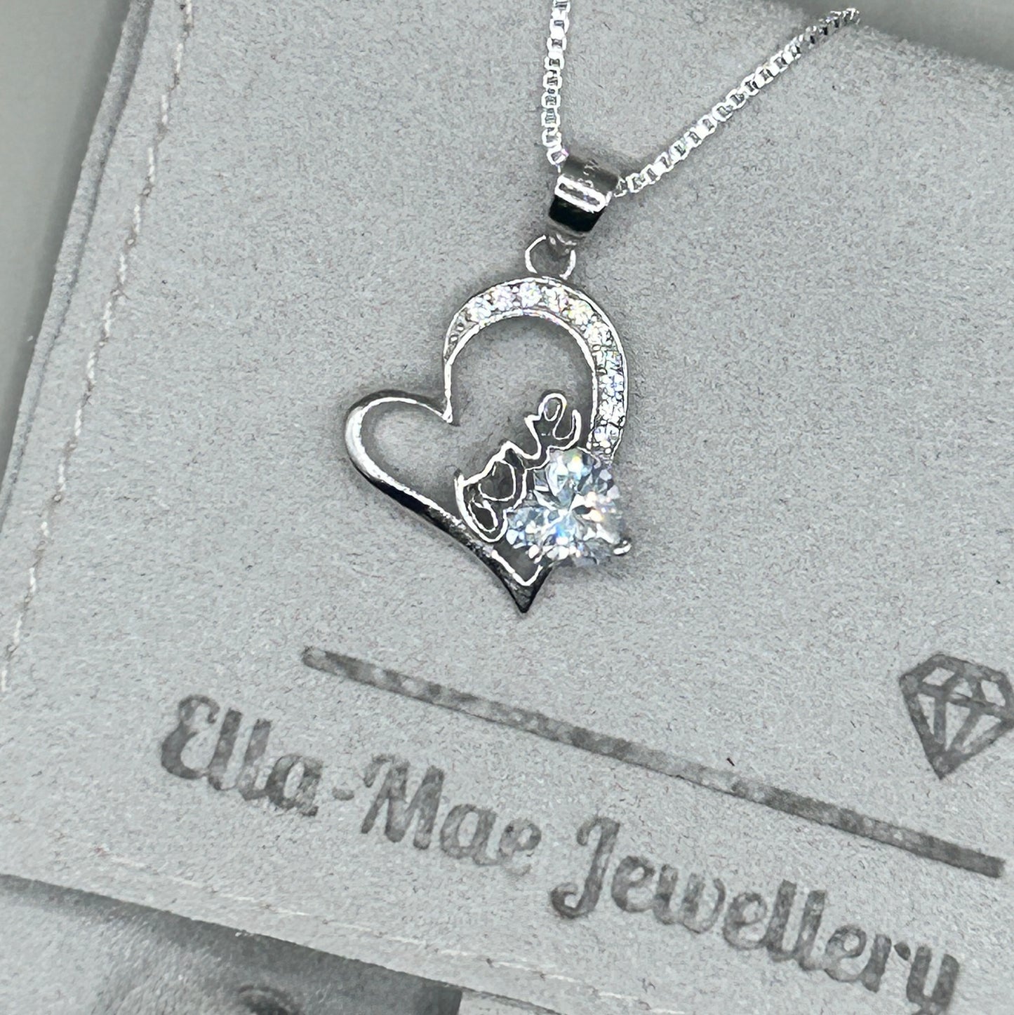 Love Heart Cubic Zirconia Silver Pendant on Box Chain Necklace