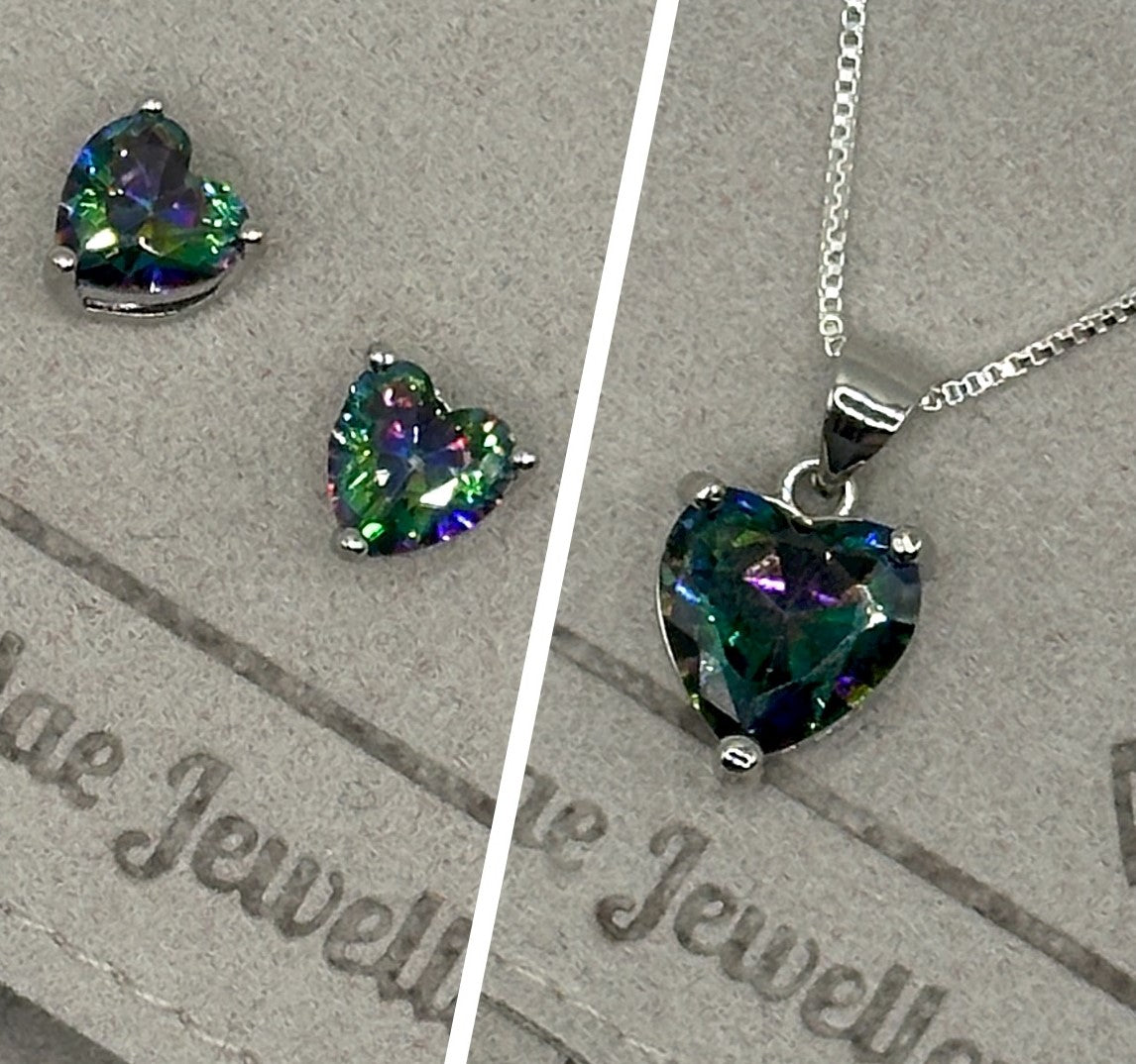 Rainbow Crystal Heart Pendant and Stud Earrings