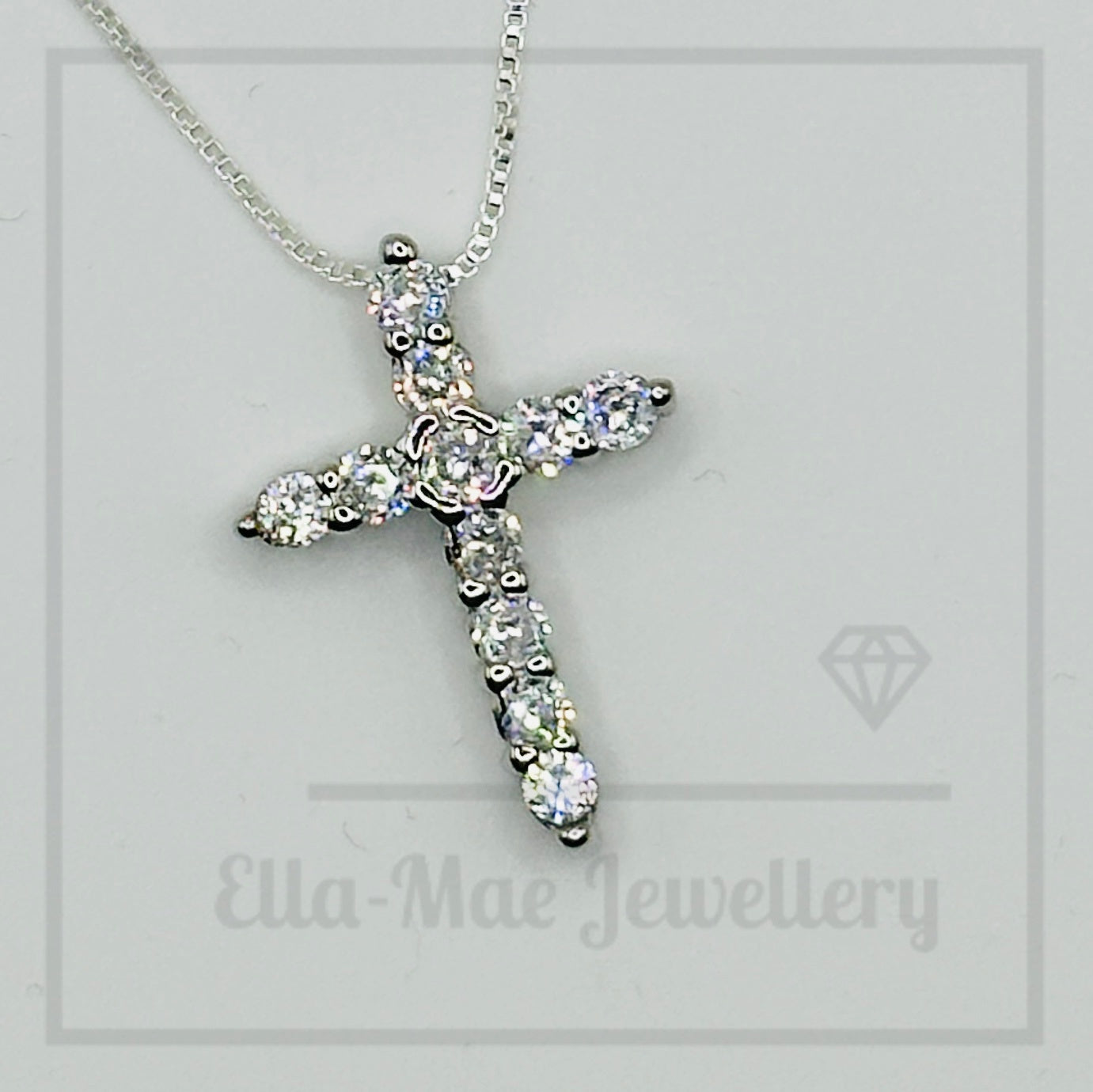 Crystal Cross Pendant on Silver Box Chain Necklace