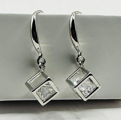 cubic zirconia silver crystal cube dangling earrings