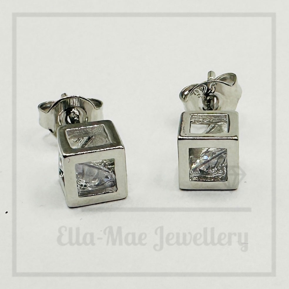 Cubic Zirconia Silver Cube Stud Earrings