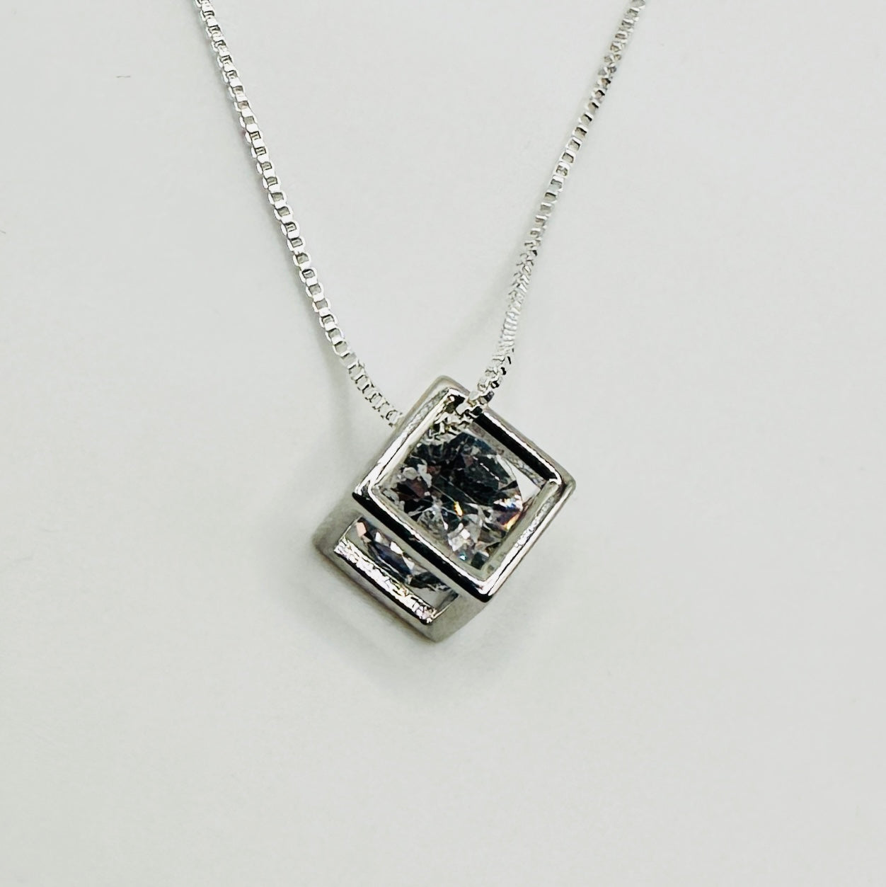 Cubic Zirconia Silver Cube Necklace on Box Chain