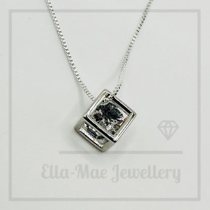 Cubic Zirconia Silver Cube Necklace on Box Chain