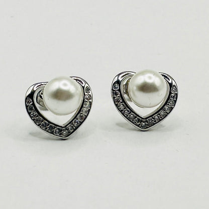 Pearl Silver Heart Stud Earrings