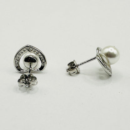 Pearl Silver Heart Stud Earrings