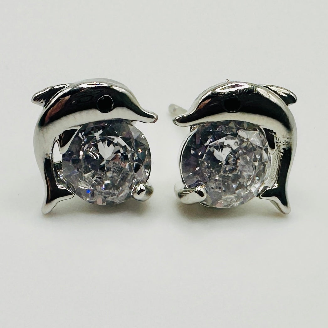 Dolphin Crystal Silver Stud Earrings