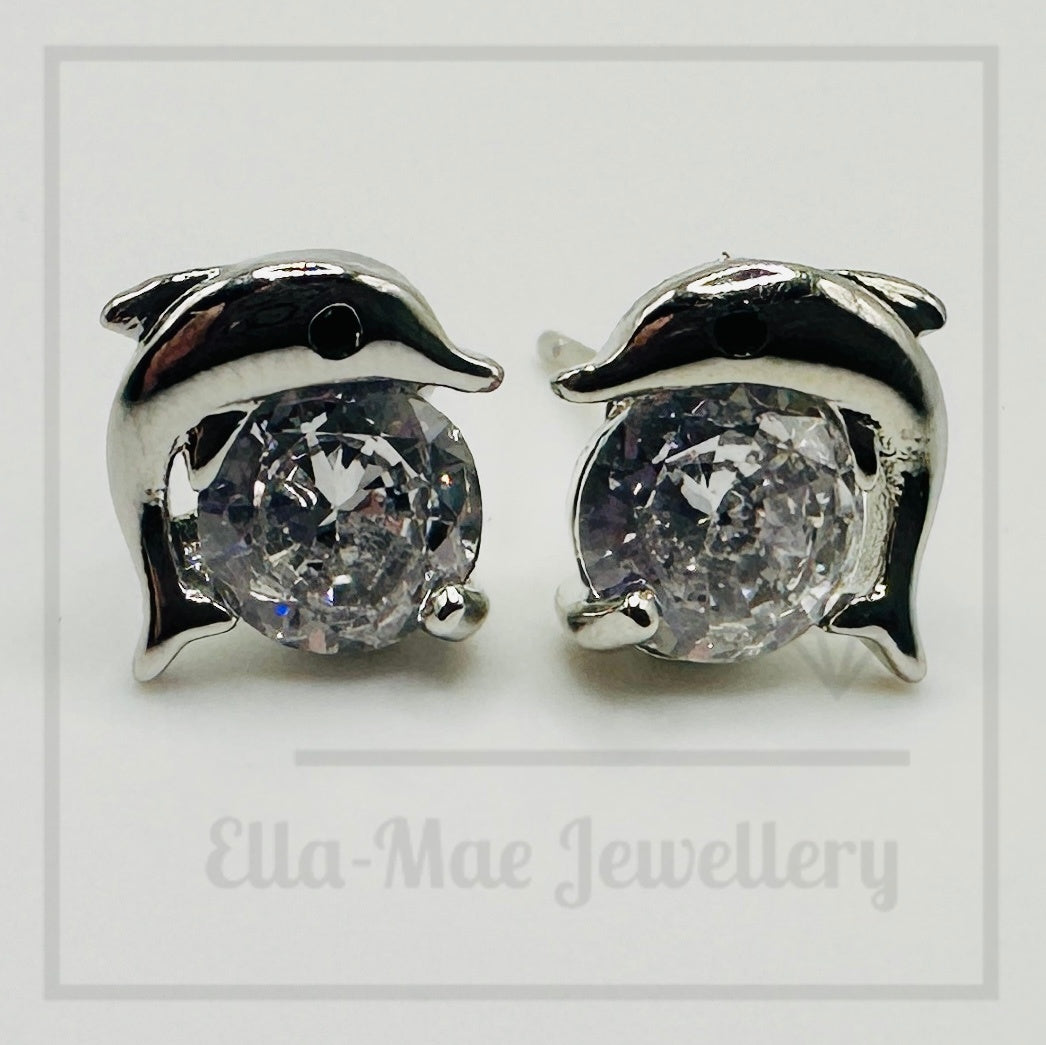 Dolphin Crystal Silver Stud Earrings