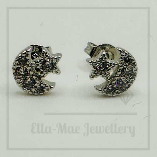 Sparkling Moon and Star Pave Stud Earrings