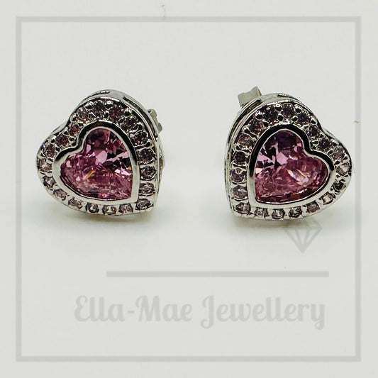 Pink Heart Sparkle Halo Stud Earrings