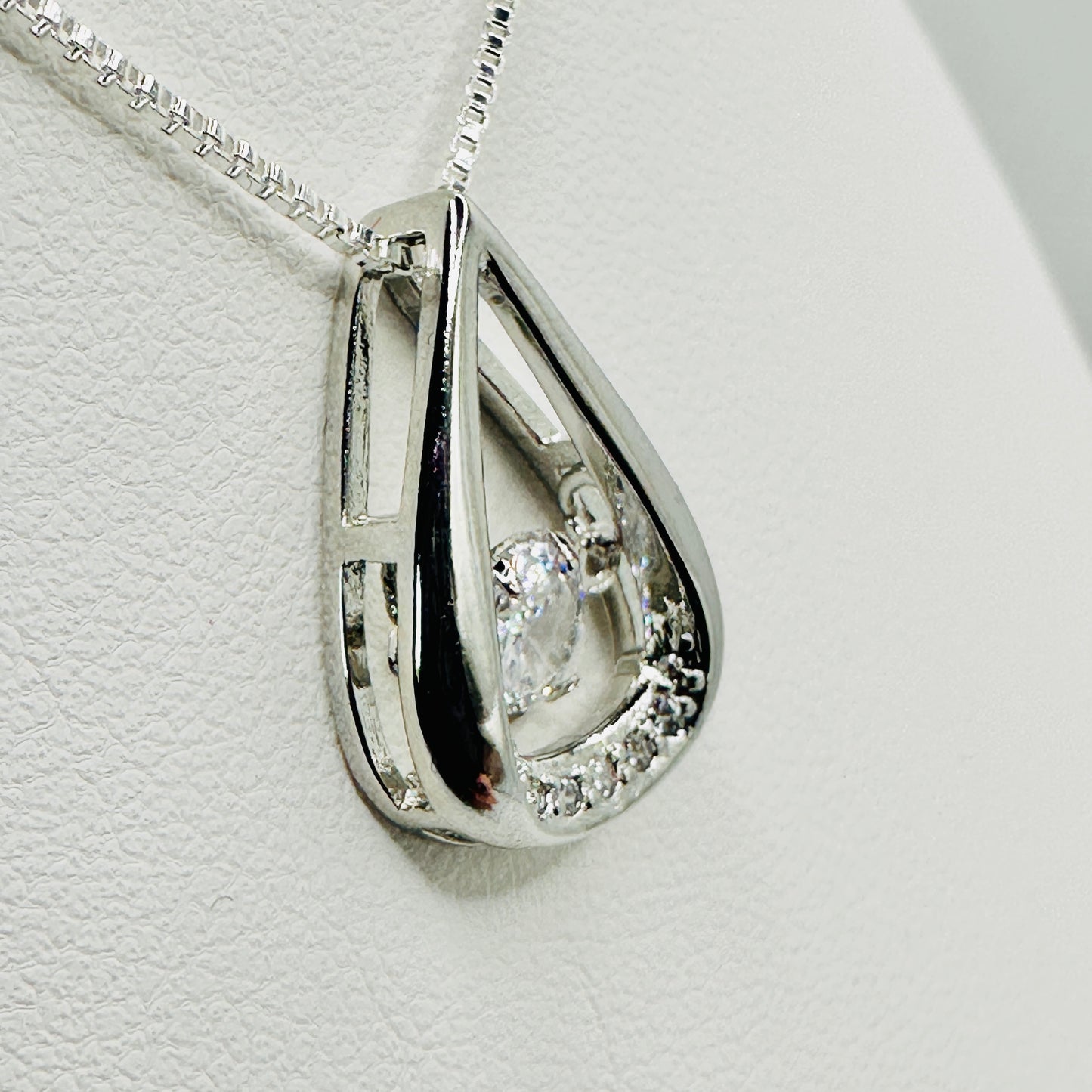 Crystal Water Drop Pendant on Silver Box Chain Necklace