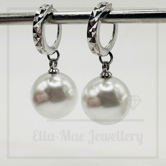 diamond cut hoop pearl drop earrings