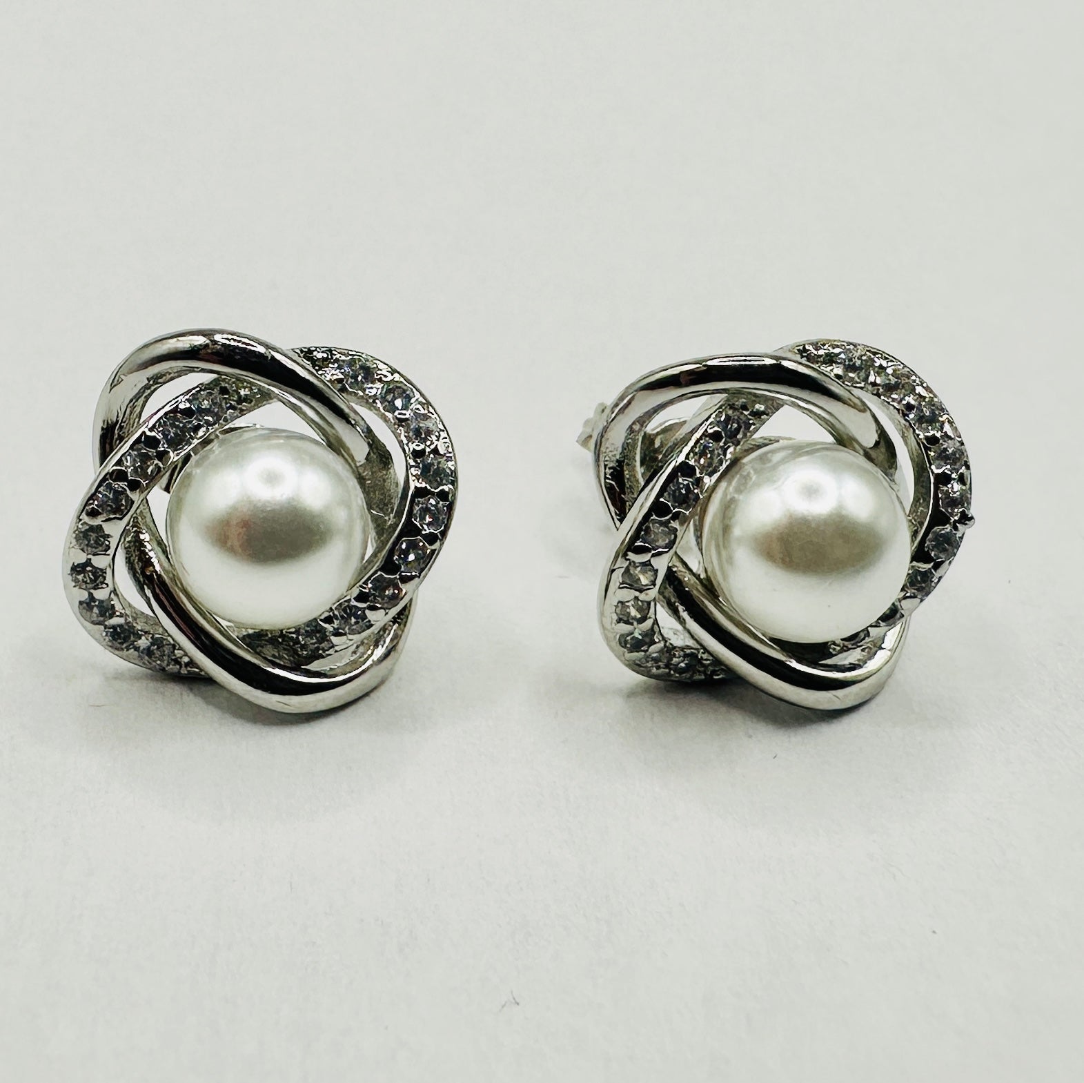 Orbit Twist Pearl & Crystal Silver Stud Earrings