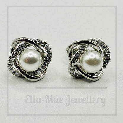 Orbit Twist Pearl & Crystal Silver Stud Earrings