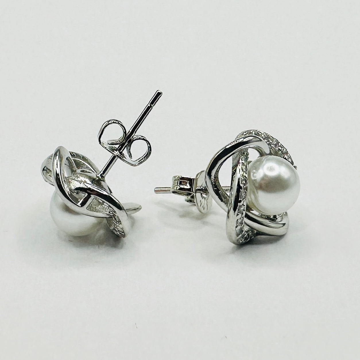 Orbit Twist Pearl & Crystal Silver Stud Earrings