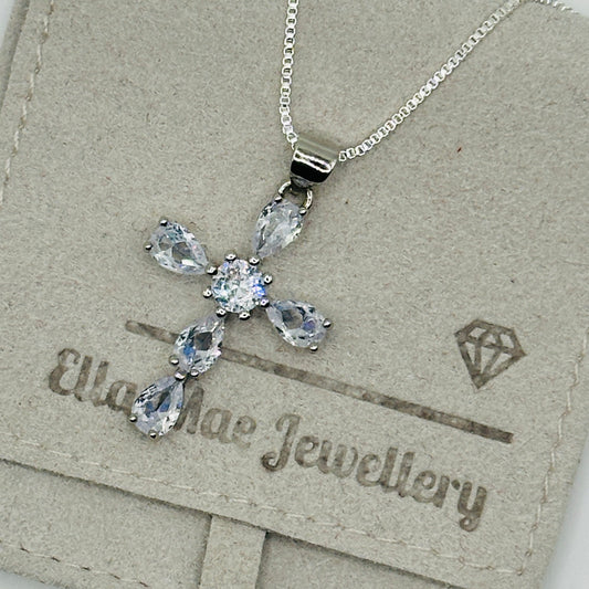 Waterdrop Crystal Cross Pendant on Silver Box Chain