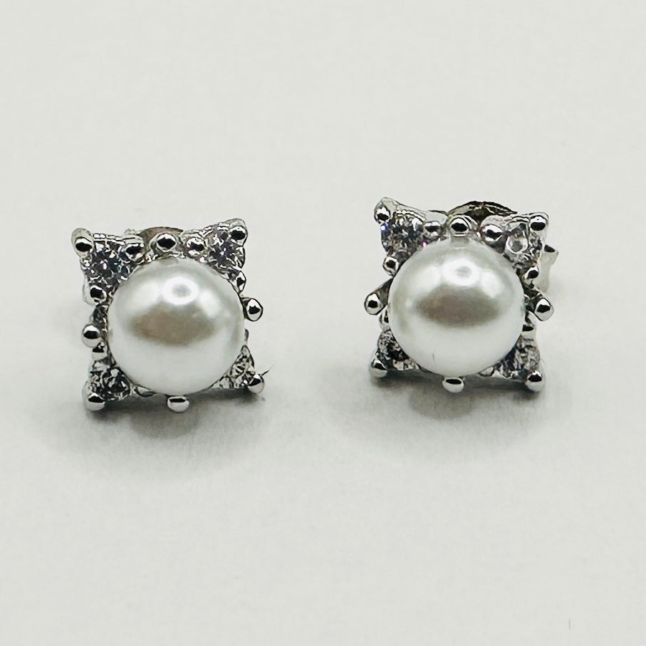 Pearl & Crystal Square Stud Earrings