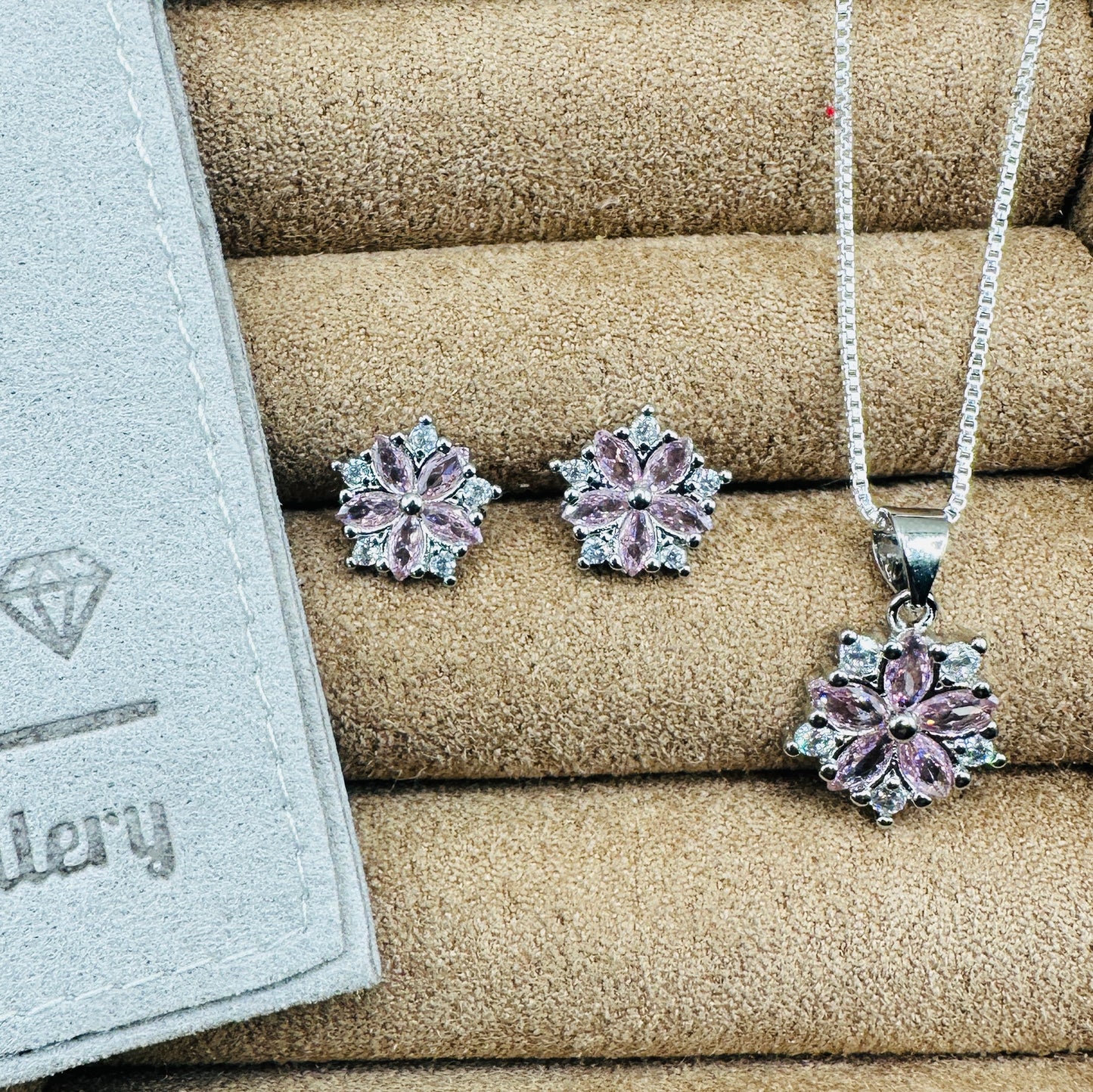 Pink Crystal Blossom Pendant & Earrings