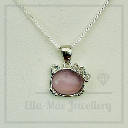 Necklace with a pink cat-shaped pendant on a white background, branded 'Ella-Mae Jewellery'.