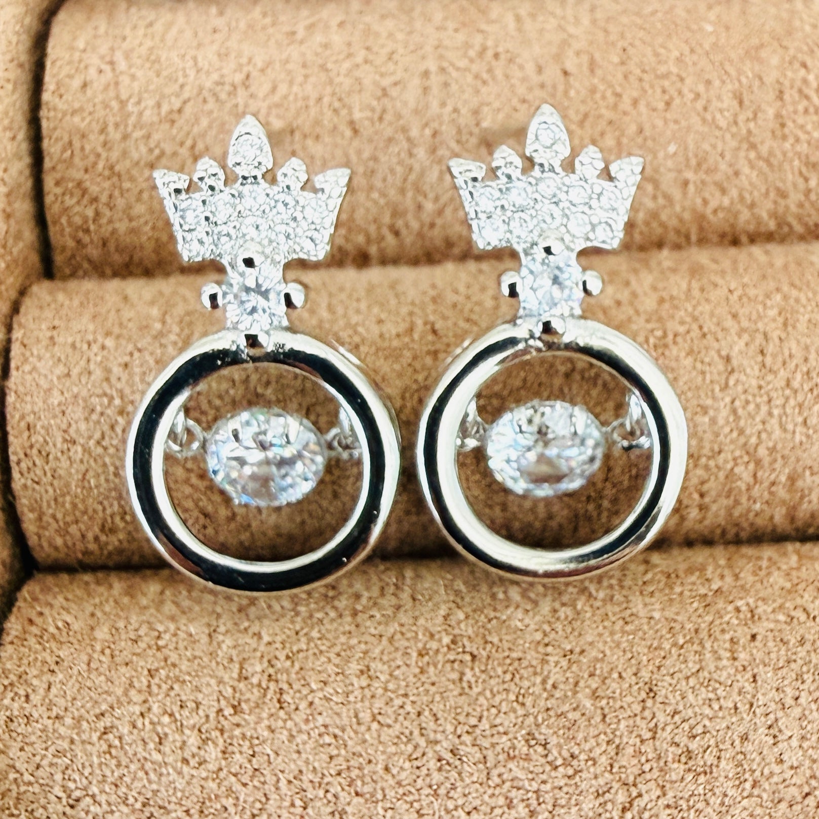 Pair of crystal crown silver earrings