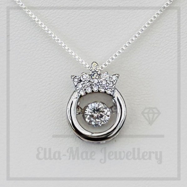 Dancing crystal crown pendant on silver box chain