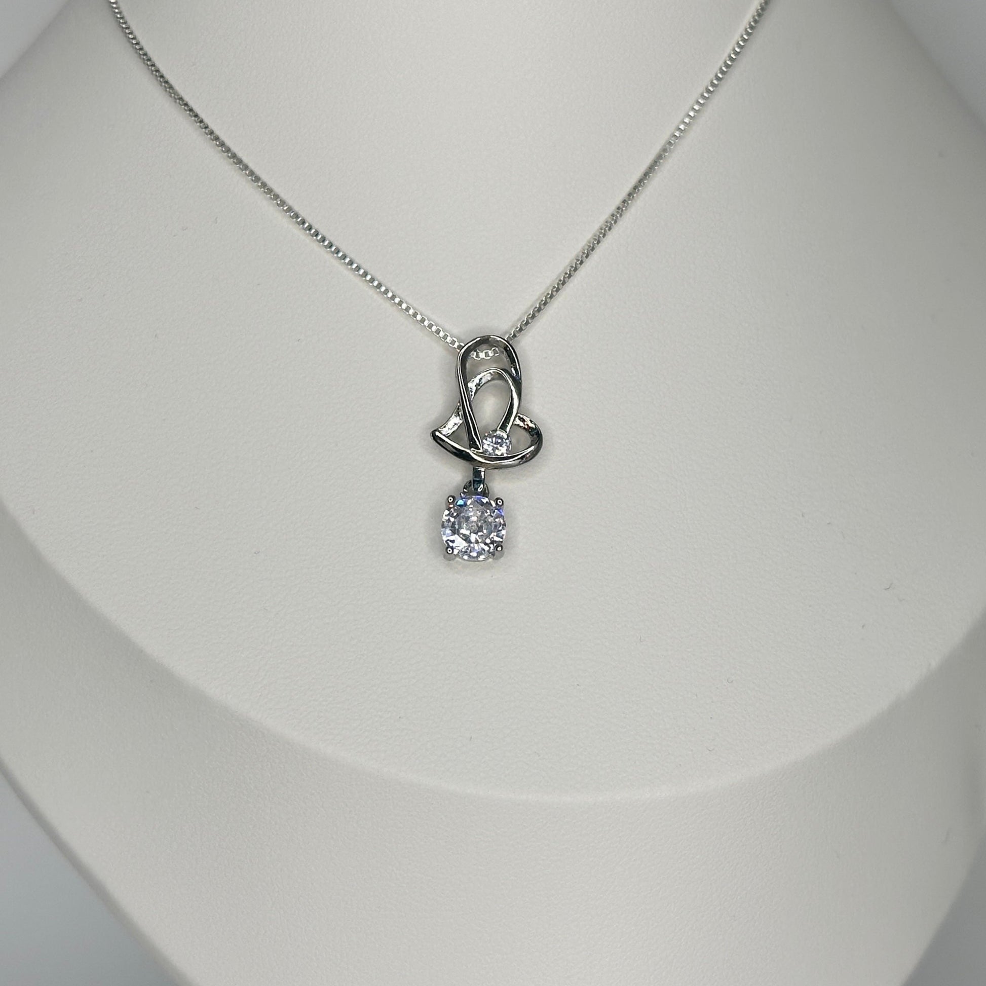 Silver Heart Dangling Cubic Zirconia Pendant Necklace