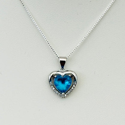 Blue crystal silver heart pendant necklace on box chain