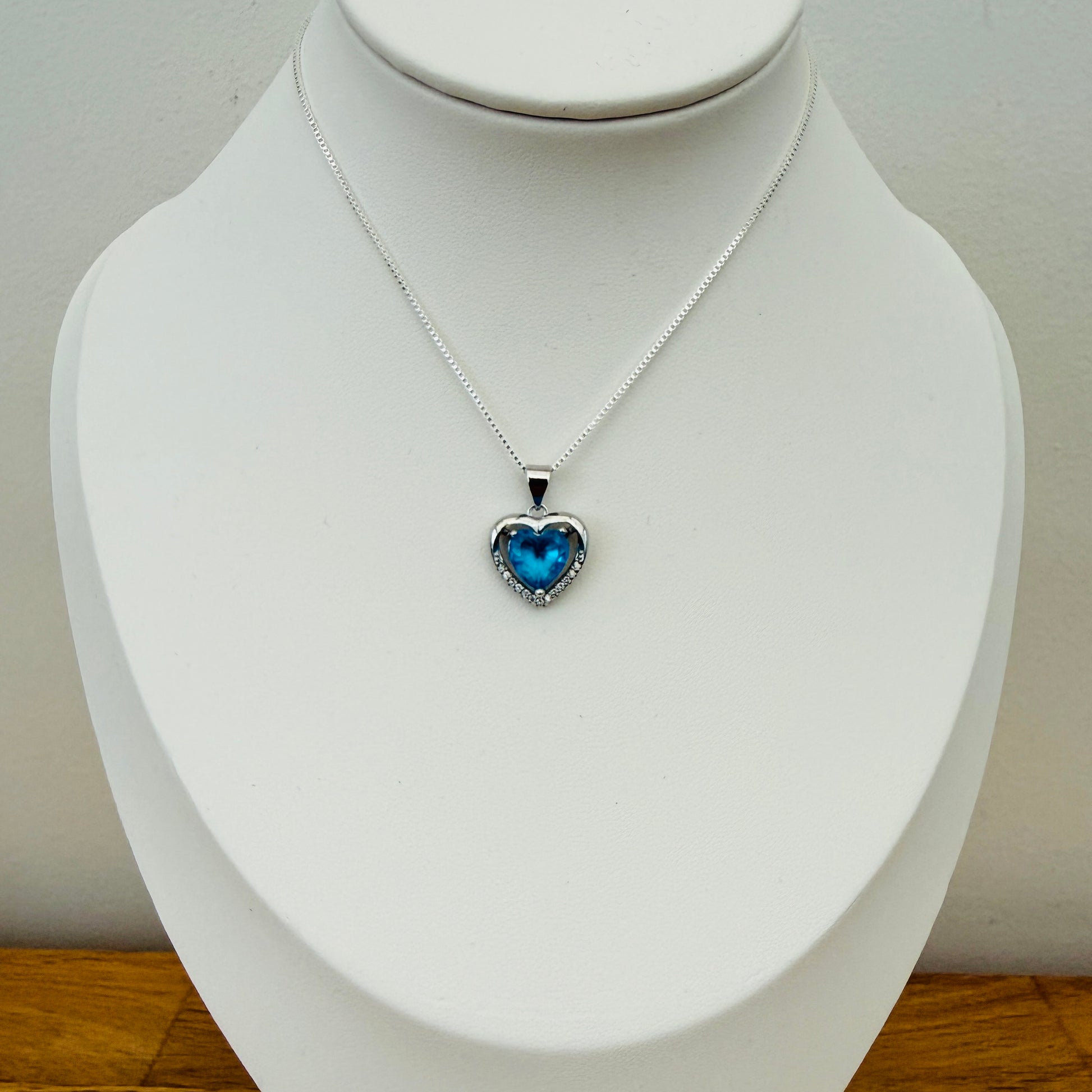 Azure blue silver crystal pendant on silver box chain