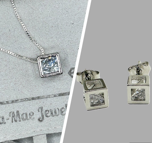 Cubic Zirconia Silver Cube Necklace & Stud Earrings