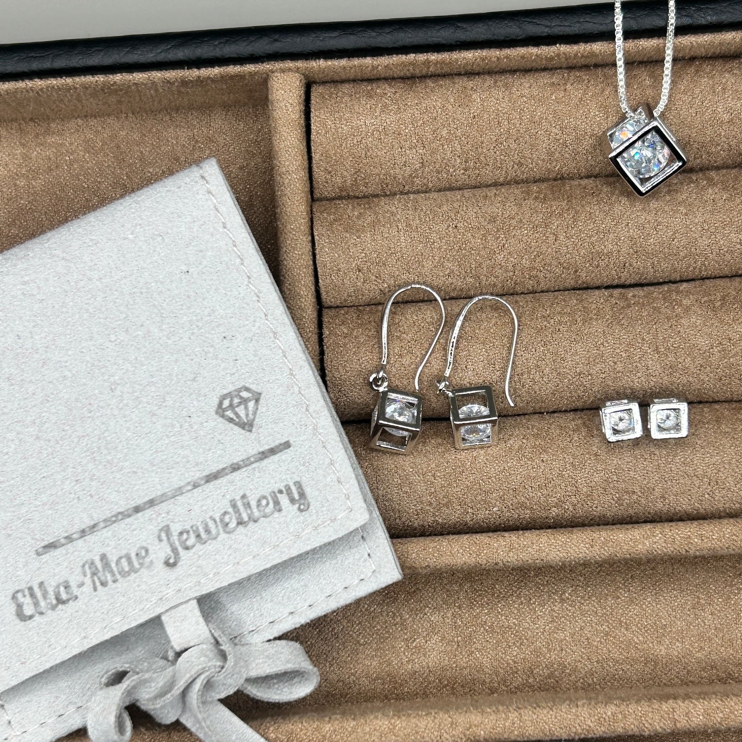 cubic zirconia silver cube necklace and earrings