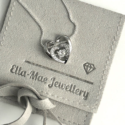 double Heart Cubic Zirconia Silver Pendant on Box Chain Necklace