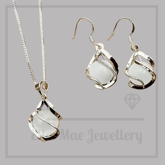 Opal Silver Swirl Pendant and Drop Earrings Set 1