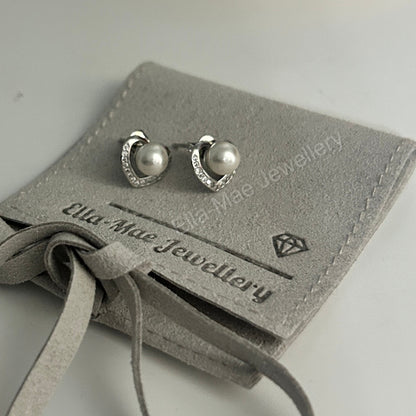 silver pearl heart stud earrings with cubic zirconia