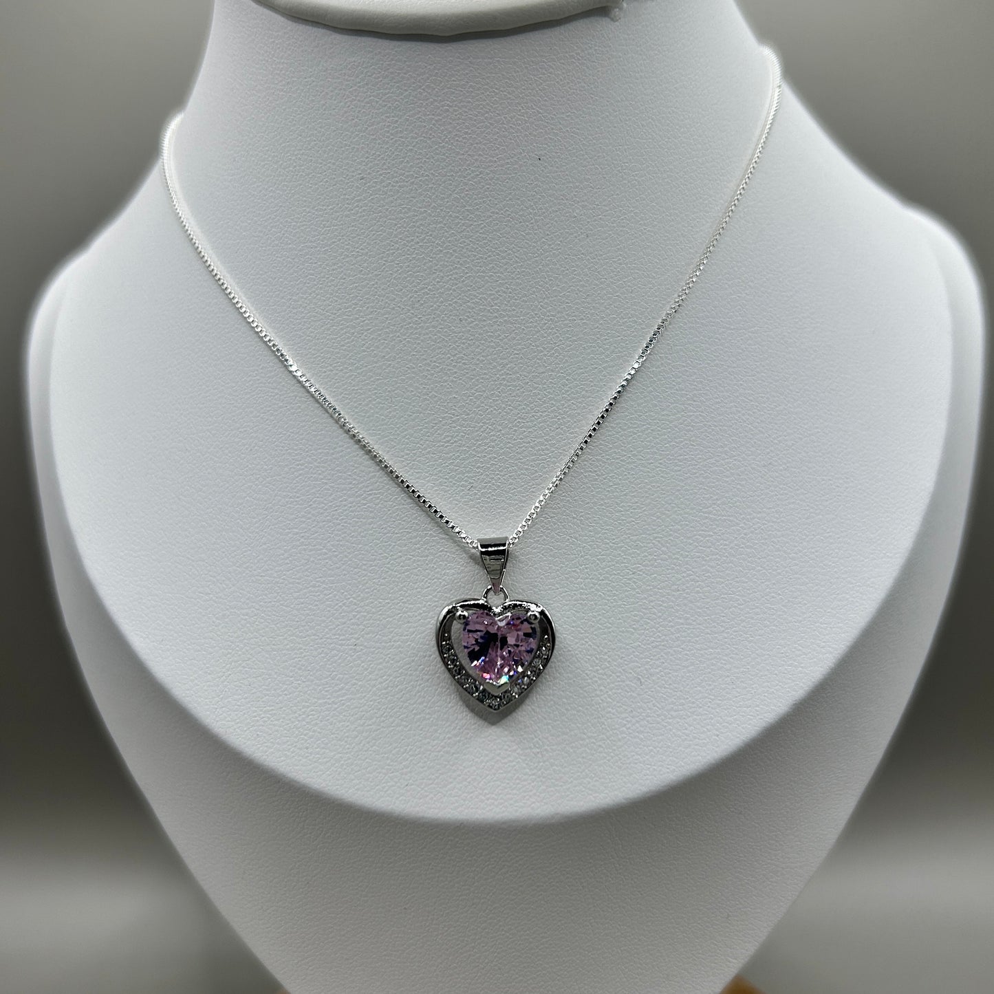 pink crystal heart pendant on box chain