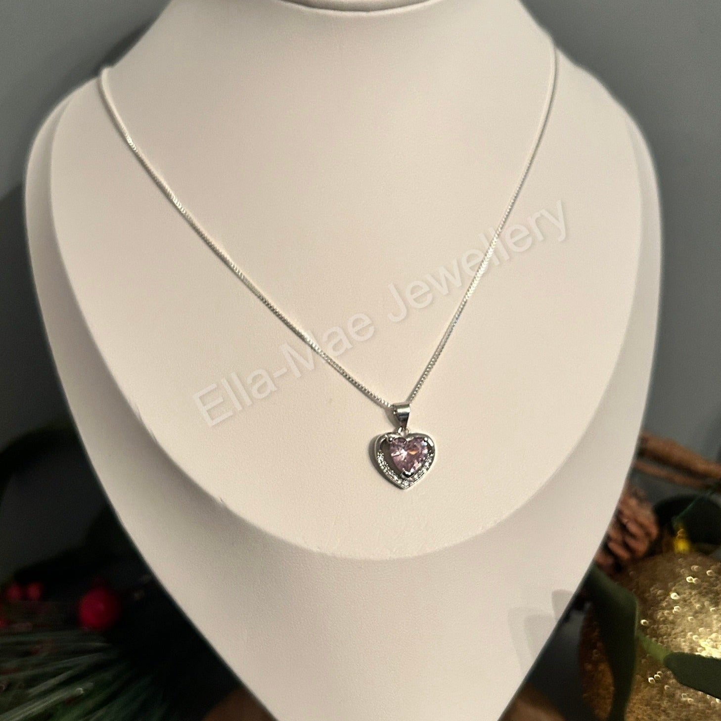 silver heart pink stone pendant necklace