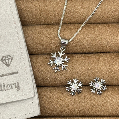 Silver Snowflake Necklace and Stud Earrings