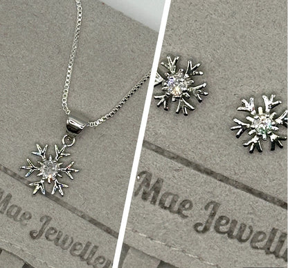 Silver Snowflake Necklace and Stud Earrings