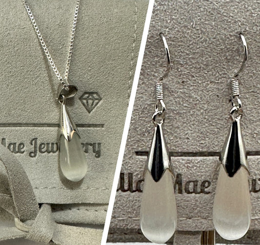 white moonstone pendant necklace dangling earrings